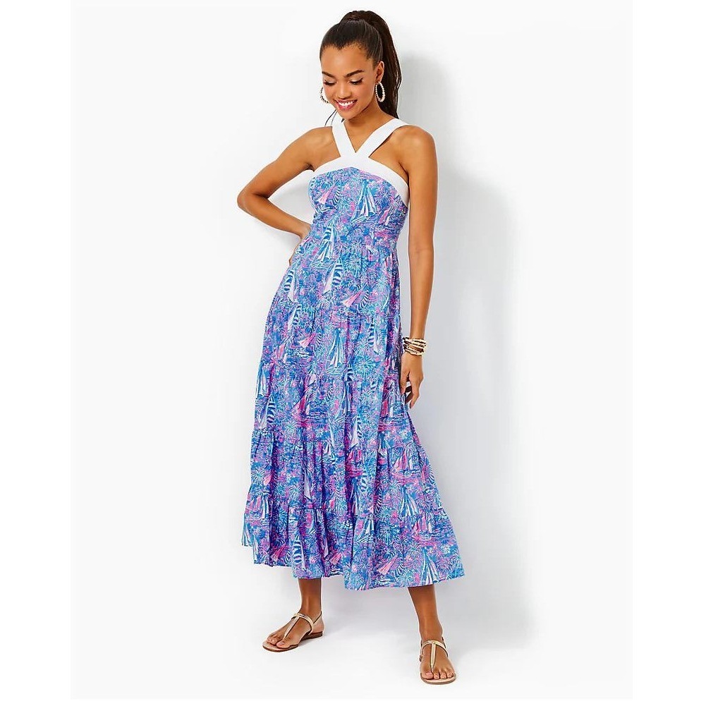 Lilly Pulitzer Jenette Halter Maxi Dress Boca Blue Sailabration Womens Sz 6